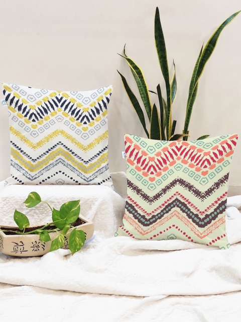 

STITCHNEST Pack Of 2 Yellow Abstract Printed Square Cushion Covers