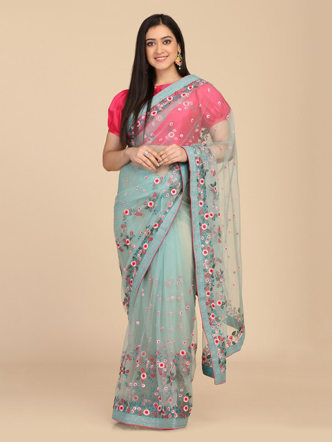 

Shaily Sea Green & Red Floral Embroidered Net Saree