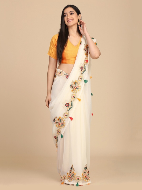 

Shaily Cream-Coloured & Green Ethnic Motifs Embroidered Pure Georgette Saree