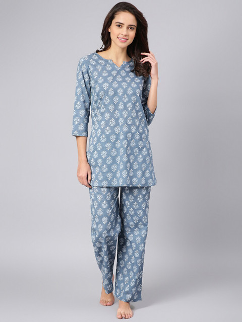 

Azira Women Grey & White Printed Pure Cotton Night suit