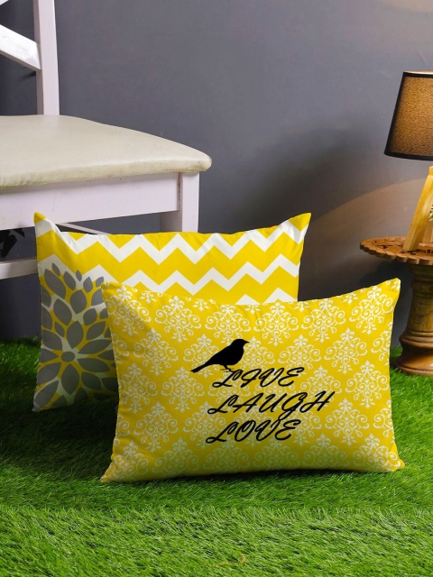 

STITCHNEST Yellow & White Set of 2 Geometric Rectangle Cushion Covers
