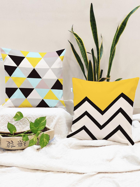 

STITCHNEST Pack Of 2 Geometric Printed Square Cushion Covers, Yellow