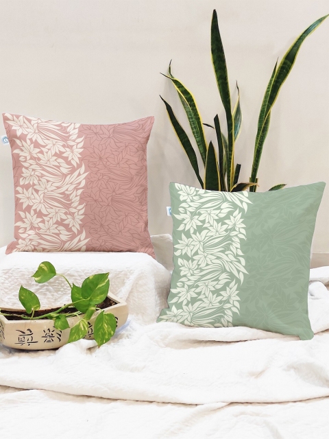 

STITCHNEST Peach-Coloured & Green Set of 2 Ethnic Motifs Square Cushion Covers