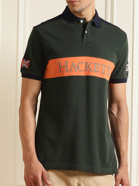 

HACKETT LONDON Men Green Colourblocked Polo Collar Applique T-shirt