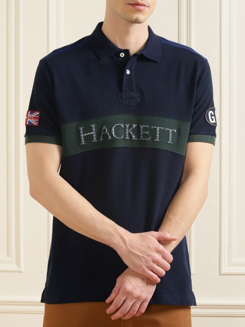 

HACKETT LONDON Men Navy Blue Typography Polo Collar T-shirt