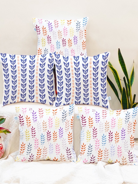 

STITCHNEST White & Blue Set of 5 Ethnic Motifs Square Cushion Covers