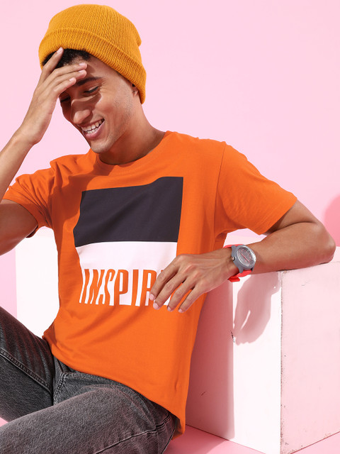 

HERE&NOW Men Orange Printed Carefree Shape Tshirt