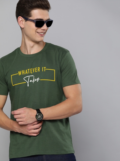 

HERE&NOW Men Green & Yellow Typography Printed Pure Cotton T-shirt