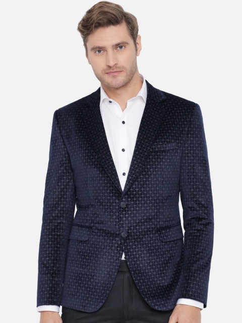 

MAXENCE Men Navy Blue Printed Single-Breasted Slim-Fit Formal Blazer