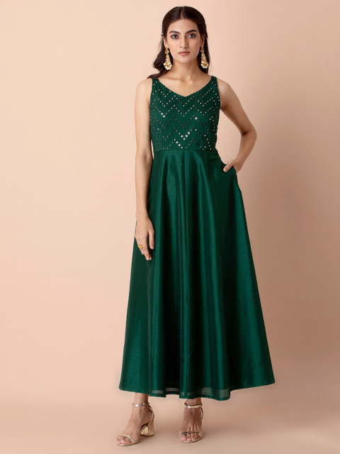 

INDYA Green Embellished Ethnic Chevron Mirron Maxi Dress