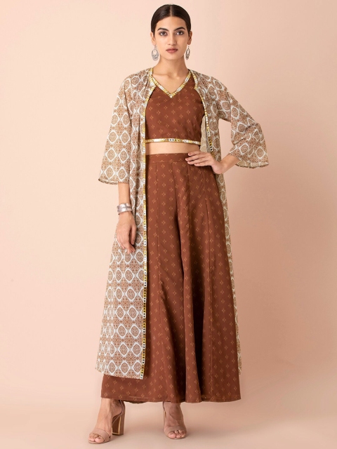 

INDYA Women Yellow & Brown Printed Longline Shrug