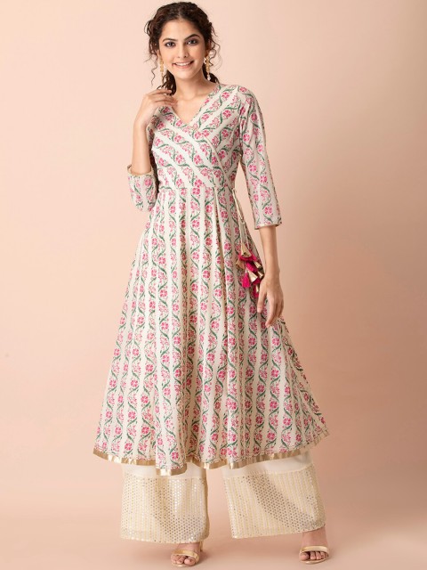 

INDYA Women White & Pink Ethnic Motifs Printed Gotta Patti Georgette Anarkali Kurta