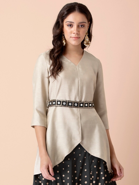 

INDYA Beige Embellished Belted Longline Top