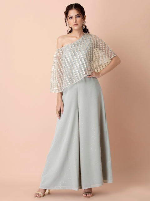 

INDYA Women Grey Foil Embroidered Drop Shoulder Jumpsuit