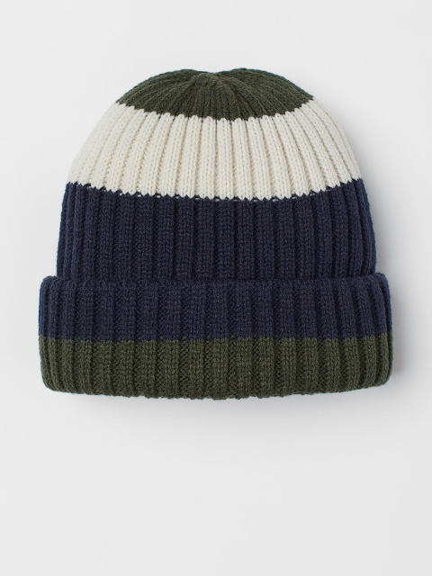 

H&M Men Green & Navy Blue Striped Rib-Knit Hat