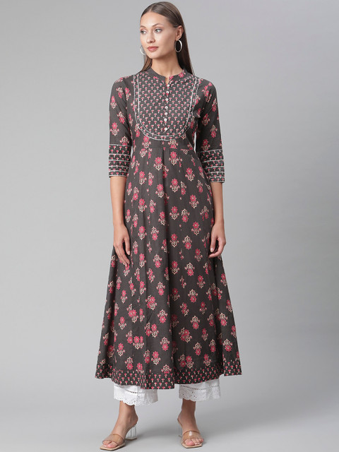 

Divena Women Black Floral Printed Keyhole Neck Flared Sleeves Thread Work Anarkali Kurta