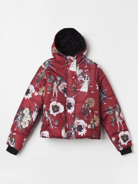 

Bossini Girls Maroon & Brown Floral Printed Hooded Padded Jacket