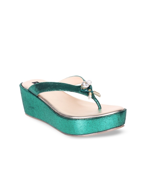 

Sherrif Shoes Green Embellished Party Wedge Sandals