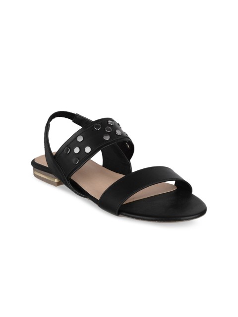 

Sherrif Shoes Women Black Embellished Leather Party Open Toe Flats