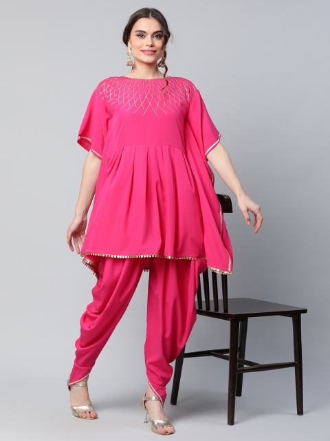 

Ahalyaa Women Pink Printed Pleated Kurti with Dhoti Pants