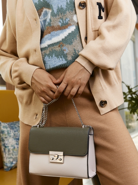 

Allen Solly Green & Off-White Colourblocked PU Structured Sling Bag