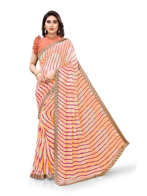 

KALINI Peach-Coloured & Pink Leheriya Saree