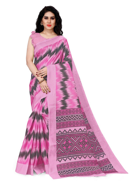 

KALINI Pink & Black Abstract Printed Art Silk Designer Saree
