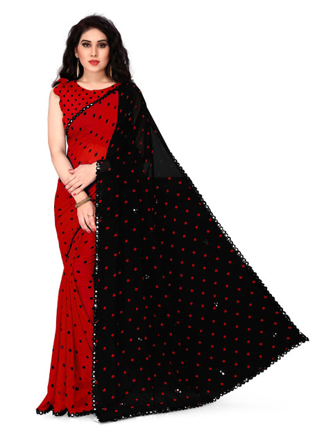 

KALINI Red & Black Mirror Work Saree