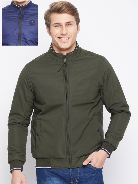 

Okane Men Olive Green Reversible Longline Bomber Jacket