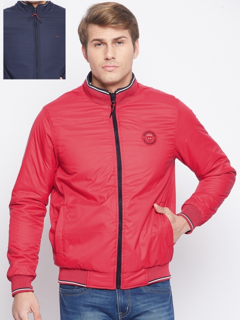 

Okane Men Navy Blue & Pink Solid Reversible Bomber Jacket