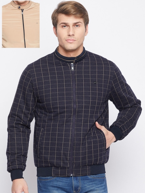 

Okane Men Cream-Coloured Checked Reversible Bomber Jacket