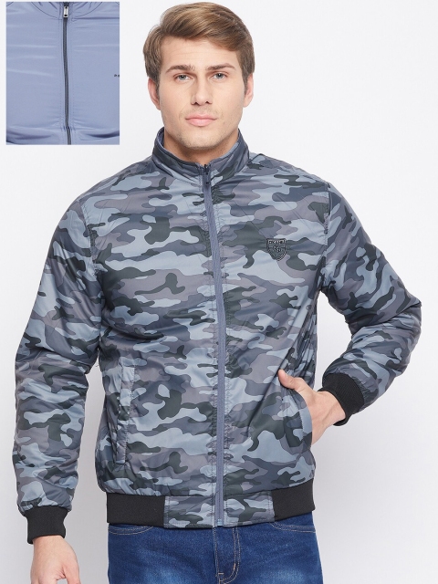

Okane Men Blue & Grey Camouflage Reversible Bomber Jacket