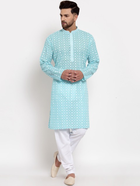 

MOHANLAL SONS Men Blue Ethnic Motifs Chikankari Embroidered Kurta with Churidar