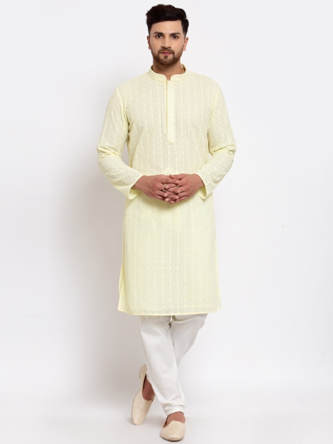 

MOHANLAL SONS Men Yellow Embroidered Chikan Kurta with Pyjamas