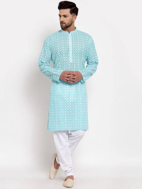 

MOHANLAL SONS Men Blue & White Floral Embroidered Kurta With Churidar