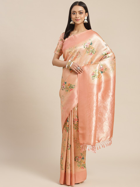 

SHANGRILA Peach-Coloured Floral Pure Silk Banarasi Saree