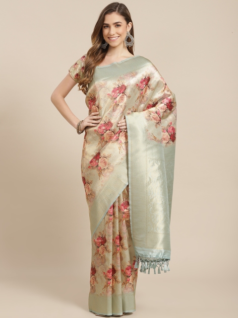 

SHANGRILA Cream-Coloured & Green Woven Design Zari Pure Silk Ready to Wear Banarasi Saree
