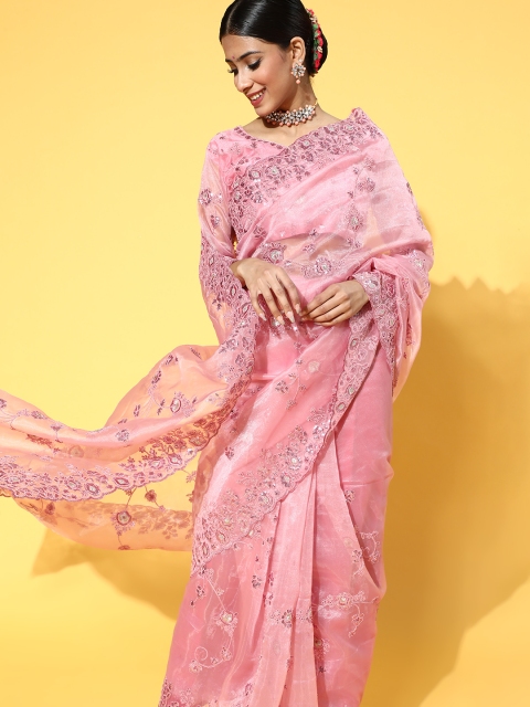 

Mitera Solid Saree With Embroidered Border, Pink