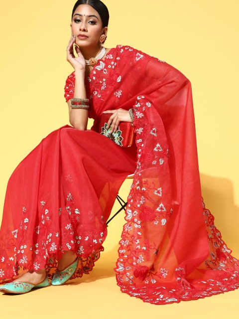 

Mitera Floral Saree With Embroidered Border, Red