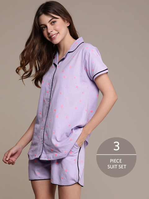 

beebelle Women Lavender & Pink 3 Piece Printed Night Suit