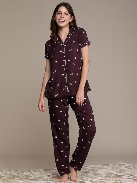 

beebelle Women Brown & Off White Printed Night suit