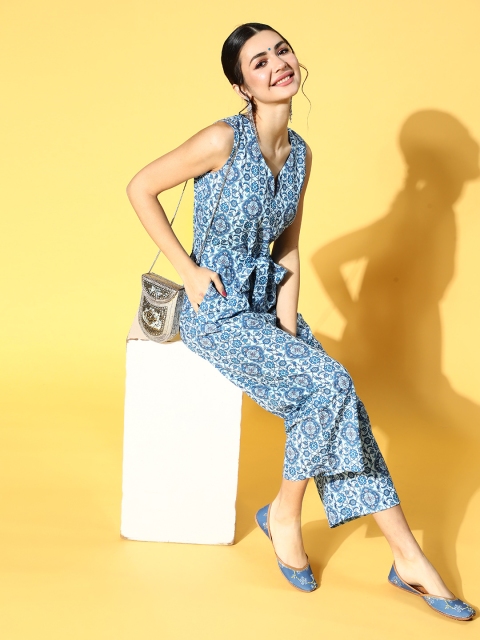 

Sangria Women Stunning Blue Printed Cinched Waist Jumpsuit
