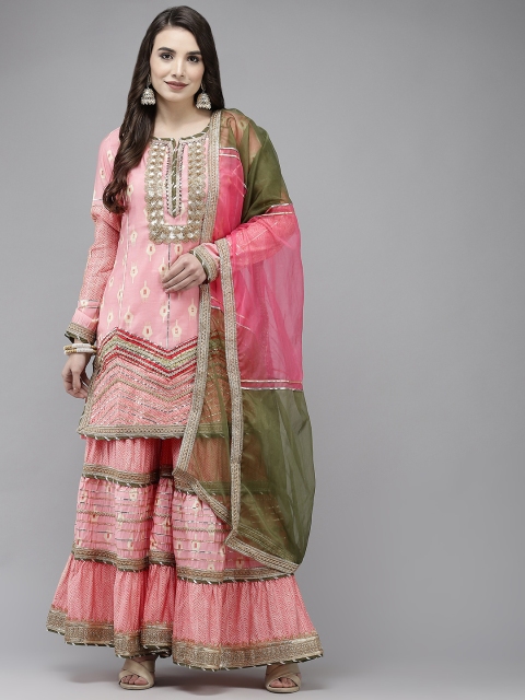 

Ishin Women Pink Ethnic Motifs Printed Gotta Patti Kurta with Sharara & Dupatta