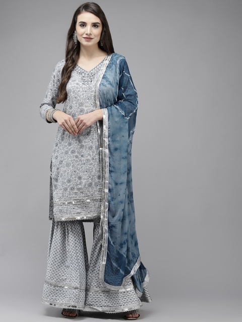 

Ishin Women Grey Ethnic Motifs Printed Mirror Work Kurta with Sharara & Dupatta