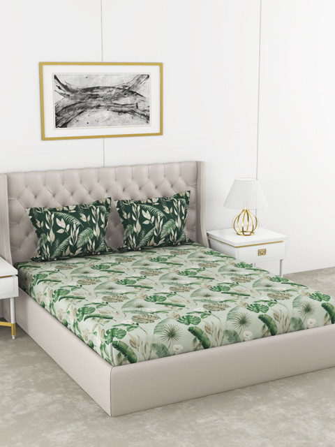 

BIANCA Green & White Floral 210 TC Queen Bedsheet with 2 Pillow Covers