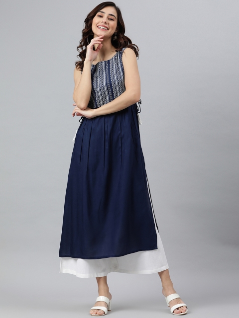 

Janasya Women Navy Blue & White Ethnic Motifs Printed Kurta