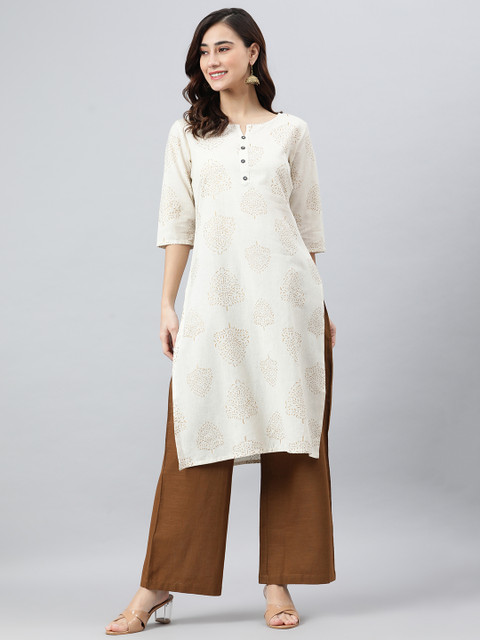 

Janasya Women Beige Floral Printed Kurta with Palazzos