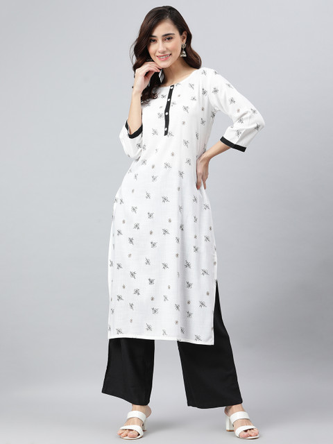 

Janasya Women White Floral Printed Kurta with Palazzos