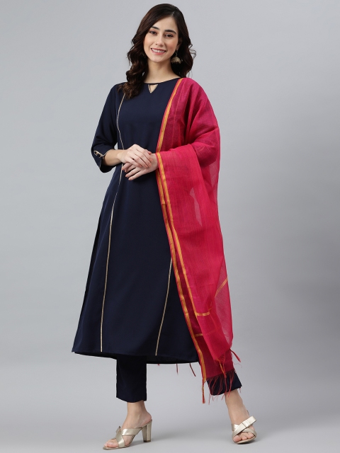 

Janasya Women Navy Blue Kurta with Palazzos & Dupatta