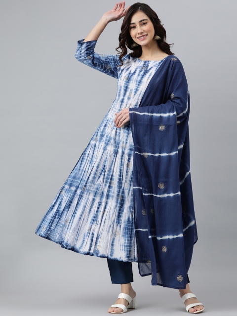 

Janasya Women Blue Dyed Pure Cotton Kurta with Palazzos & Dupatta